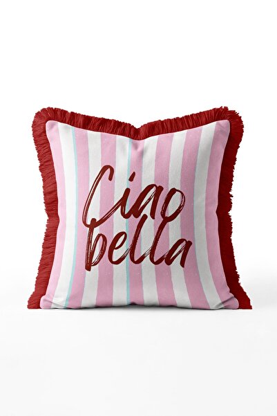 IdeCraft Striped Ciao Bella Written Fringed Throw Pillow Cover - Retro Pillow...