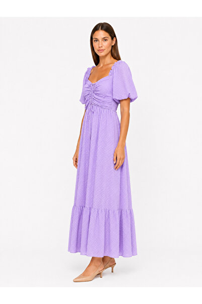 Shamouk Women's Lilac Polka Dot Puff Sleeve Tie Front Long Dress