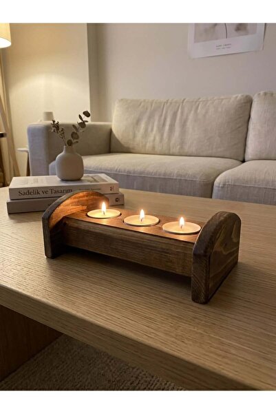 Doku Ahşap Ahşap Yatay Mumluk 3’lü Tealight Uyumlu Dekoratif Mumluk Seti