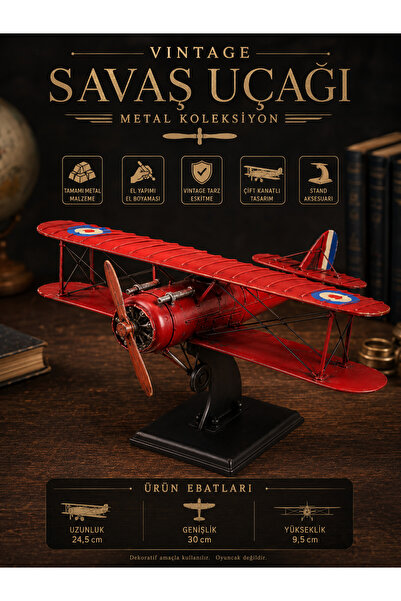 KOLAYEV Vintage Metal Çift Kanatlı Kırmızı Savaş Uçağı Dekoratif Model Uçak 3...