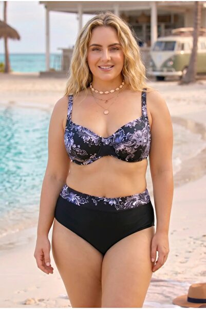 hazelin Women's Black Plus Size Baroque Patterned High Waist Gathering Bikini...