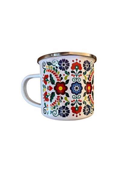 OEM Cană din oțel emailat alb, volum de 360 ml (12 oz), model floral tradițional