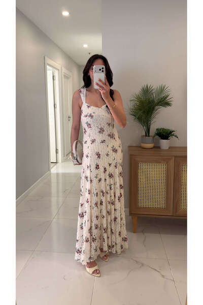 BİRCANÇİL Fronnda Ecru Floral Patterned Lined Dress with Lace Detail