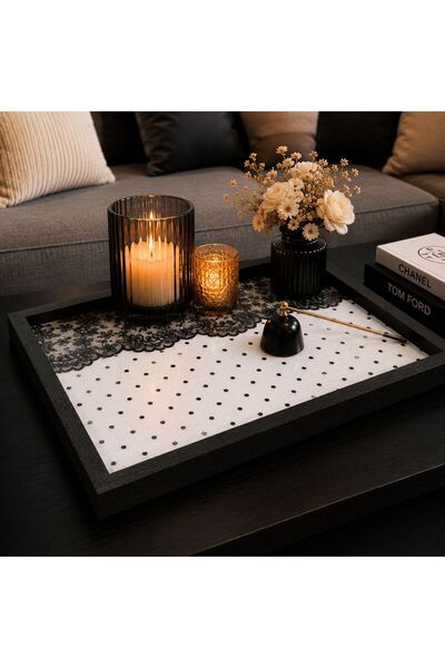 DEKORMED Wooden Presentation Tray with Puantie and Lace Details - Serving Tra...