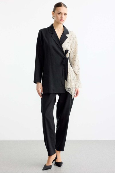 Tığ Triko Linen Suit with Sequin Detail Trousers Black