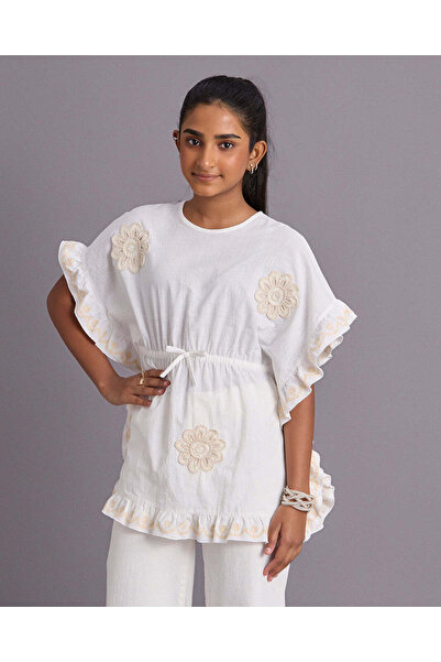 REDTAG Senior Girls White Embroidered Kaftan Top