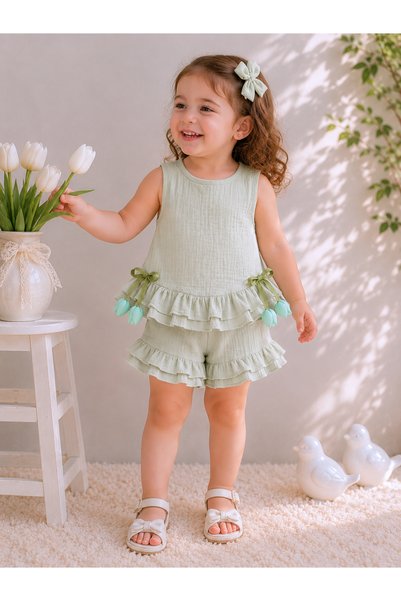 ASLİN STORE Girl's Summer 2-Piece Top and Bottom Set with Tulip Detail, Muslin Ruffles, and Shorts