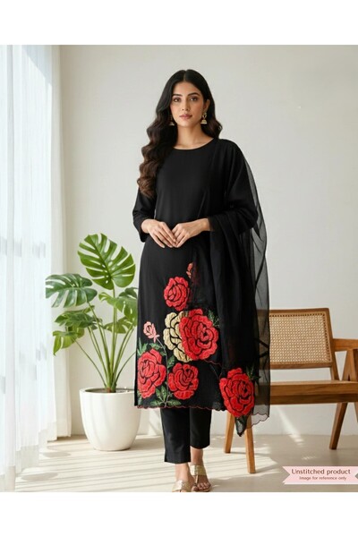 PRIYA'S PANACHE Unstitched Black Roman Silk Salwar Suit Set for Women with Or...