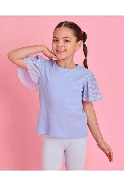 REDTAG Girls Blue Ribbed Frill Sleeve Top