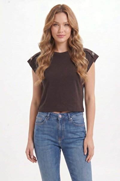 Tudors Women's Oversize Wide Cut Crew Neck Buttoned Shoulder Lycra Brown Visc...