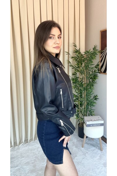 MEECY Women's Navy Blue Zipper Detailed Biker Leather Jacket