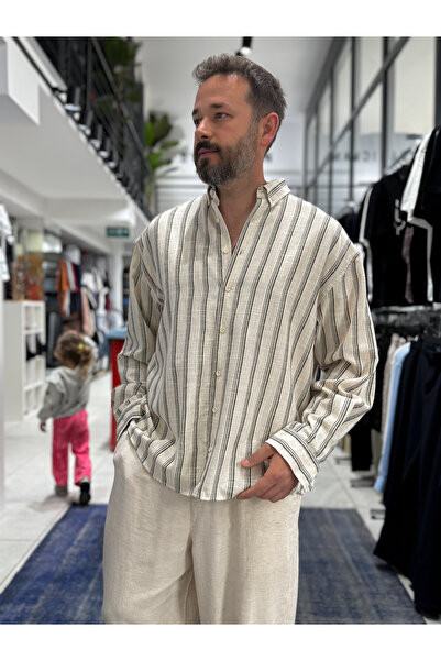 BYBASICMAN Khaki Striped Linen Textured Shirt Lns-9844