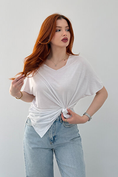 NEW JOURNAL Tricou alb pentru femei, cu decolteu în V, tăiat cu laser, scurt ...