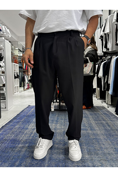 BYBASICMAN Crne široke pantalone sa duplim naborima ES-80-26
