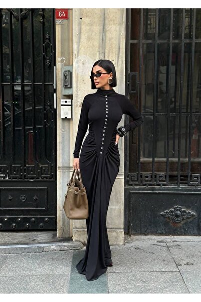 NEW JOURNAL Women's Black Drawstring Button Detailed Maxi Dress Yel221789