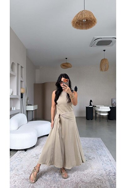 Buket Teke Beige Waist Shawl Detailed Tencel Kiloş Dress