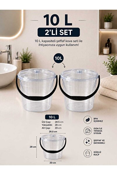 zemihra Plastik Şeffaf Kapaklı Su Kovası Temizlik Kovası 10 Litre 2 Adet