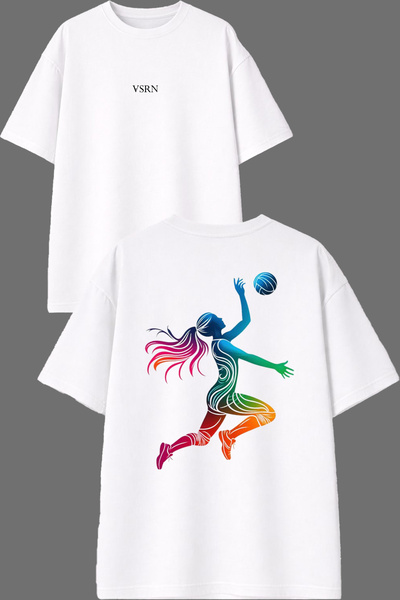 VSRN Volleyball Block Design Front and Back Printed White Oversize T-Shirt