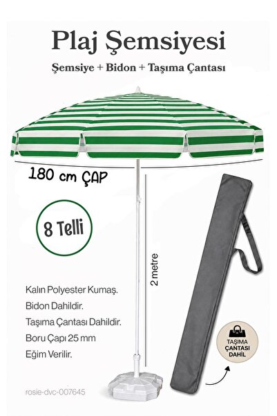 Düvenci Plaj Şemsiyesi 180 Çap / 8 Telli Yeşil Beyaz + Bidon + Taşıma Çantası...