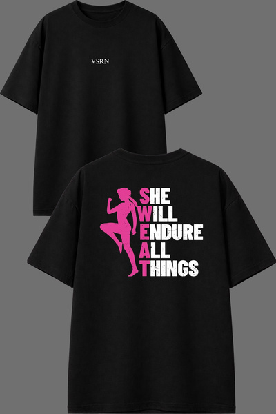 VSRN Women She Tasarım Front and Back Printed Black Oversize T-Shirt