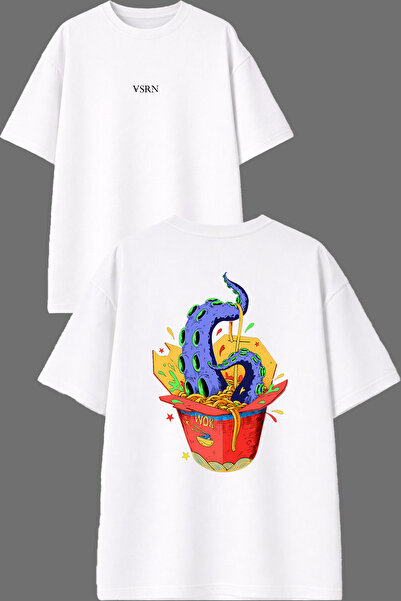 VSRN Tricou oversize alb cu imprimeu Octopus Pasta Design, imprimat față și s...