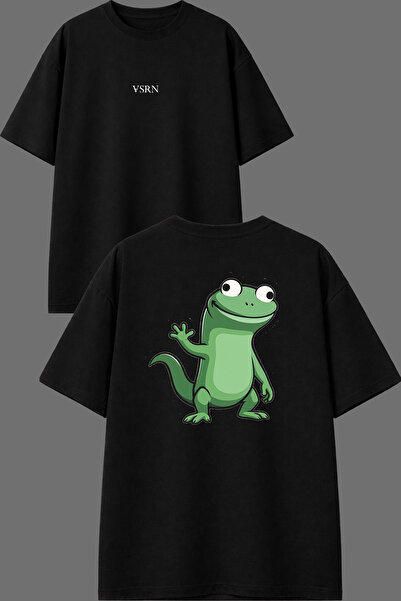 VSRN Lizard Waving at You Design Front and Back Printed Black Oversize T-Shirt