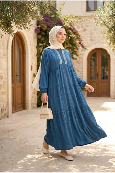 PALME D'OR Women's Bohemian Embroidery Detailed Layered Hijab Dress