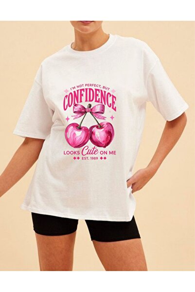 Krays White Women's Oversized T-Shirt - Pink Bow Cherry Print "Confidence" Te...
