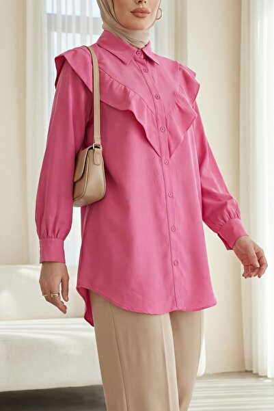 Modamorfo Imported Crepe Tunic with V-Details and Long Buttons on the Back - ...