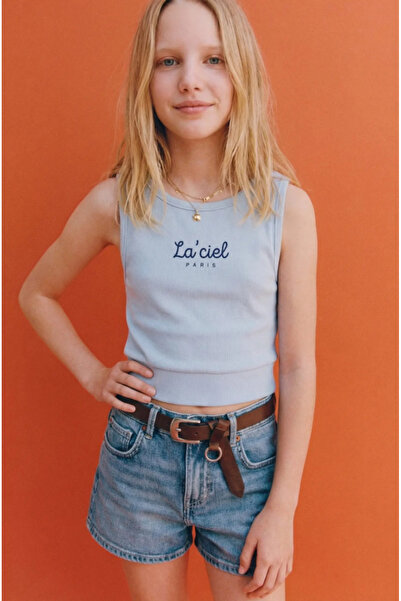 La ciel Paris Girl's Blue Ribbed Crop Top
