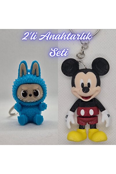 3DAtölyeMaker Light Blue Labubu and Blue Flexible Mickey Mouse Keychain