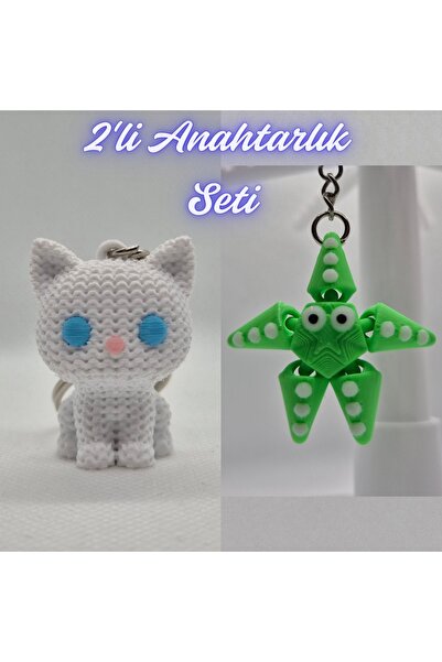 3DAtölyeMaker White Knitted Patterned Cat and Green Moving Starfish Keychain
