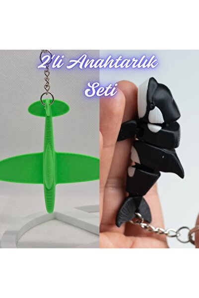 3DAtölyeMaker Green Airplane and Black Flexible Whale Keychain