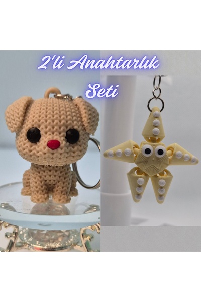 3DAtölyeMaker Cream Knitted Patterned Dog and Light Yellow Moving Starfish Ke...