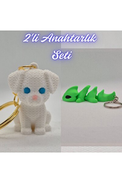 3DAtölyeMaker White Knitted Pattern Dog-2 and Green Flexible Dragon Keychain