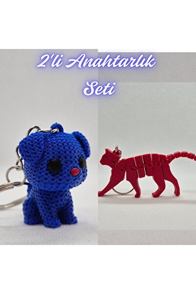 3DAtölyeMaker Blue Knitted Patterned Dog and Fire Engine Red Flexible Cat Key...