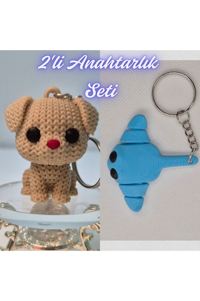 3DAtölyeMaker Cream Knitted Patterned Dog and Light Blue Flexible Stingray Ke...