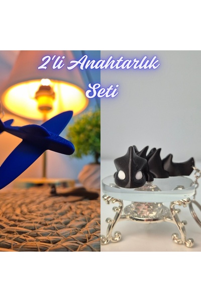 3DAtölyeMaker Blue Airplane and Black Flexible Dragon Keychain