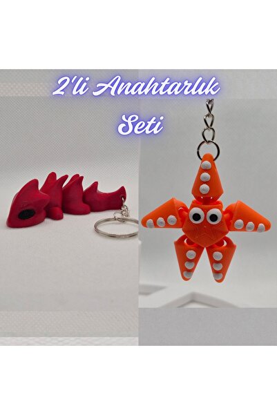 3DAtölyeMaker Fire Engine Red Flexible Dragon and Orange Moving Starfish Keyc...