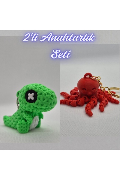 3DAtölyeMaker Green Knitted Pattern Moving Dino and Pink Octopus Keychain