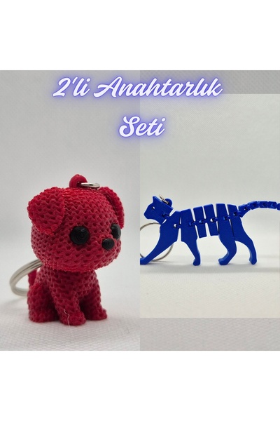 3DAtölyeMaker Fire Engine Red Knitted Patterned Dog and Blue Flexible Cat Key...