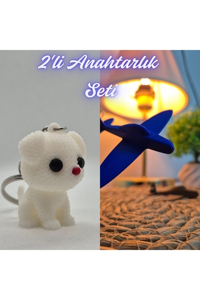 3DAtölyeMaker White Knitted Patterned Dog and Blue Airplane Keychain