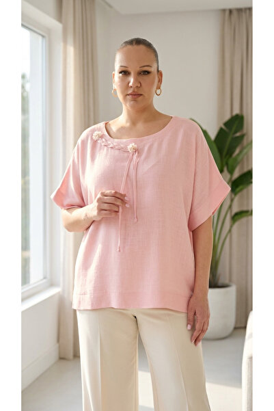 DARKWIN Plus Size Lace Detailed Knit Appliqué Boat Neck Short Sleeve Relaxed ...