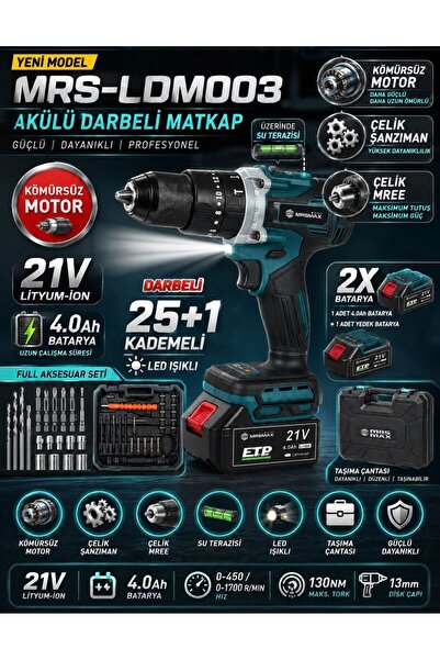 MRSMAXX MRS-LDM003 21V Akülü Darbeli Kömürsüz Şarklı Matkap 4.0Ah Çift Batary...