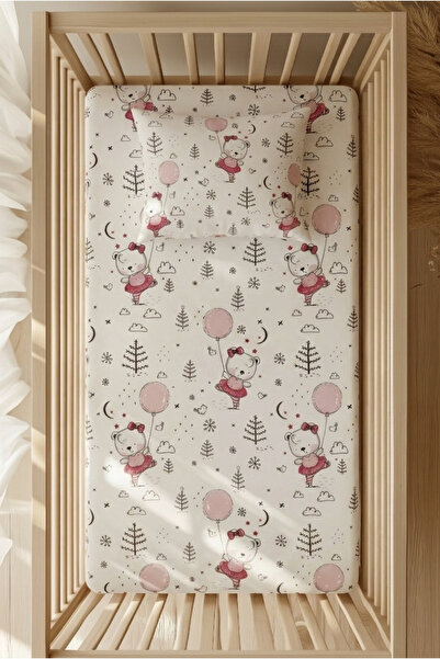 pistore 100% Cotton Ranforce Elastic Sheet Set - Pink Balloon Teddy Bear Patt...