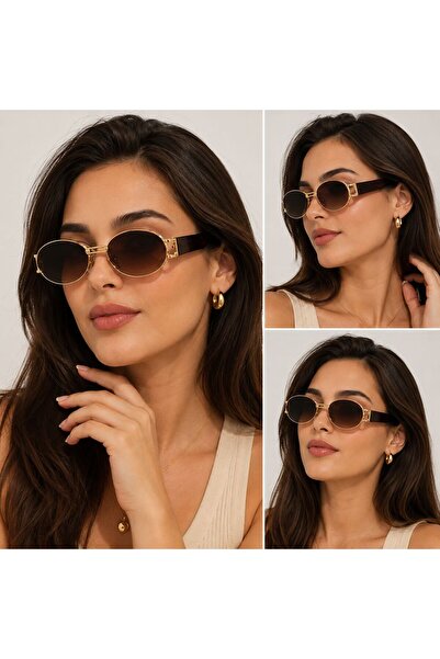 LİYA3D Vintage Oval Gold Frame Women's Sunglasses Brown Gradient Glass Uv400