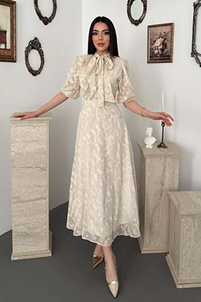Maxi modena Blue Dress with Beige Bow