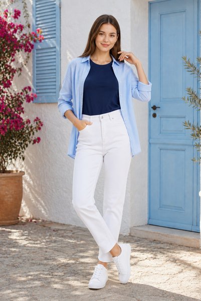 WODDİ Women's White Mom Jeans High Waist Denim Jeans