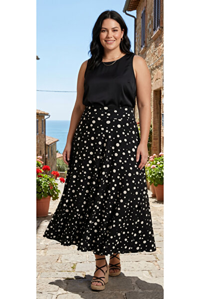 STYLENEST Kadın Siyah Puantiyeli Uzun Etek Yüksek Bel Salaş Maxi Etek