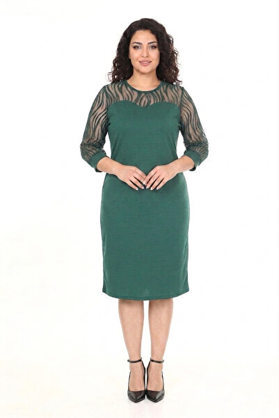 sharin Women's Plus Size Green Tulle Collar Three Quarter Sleeve Midi Length ...